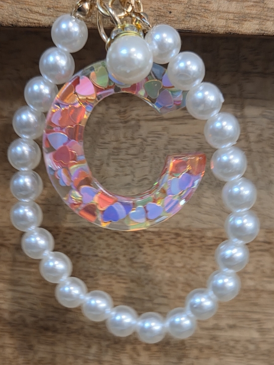 Handmade Accessories - Pearl Beaded Wristlet with a Heart Filled Iridescent 'C' Charm